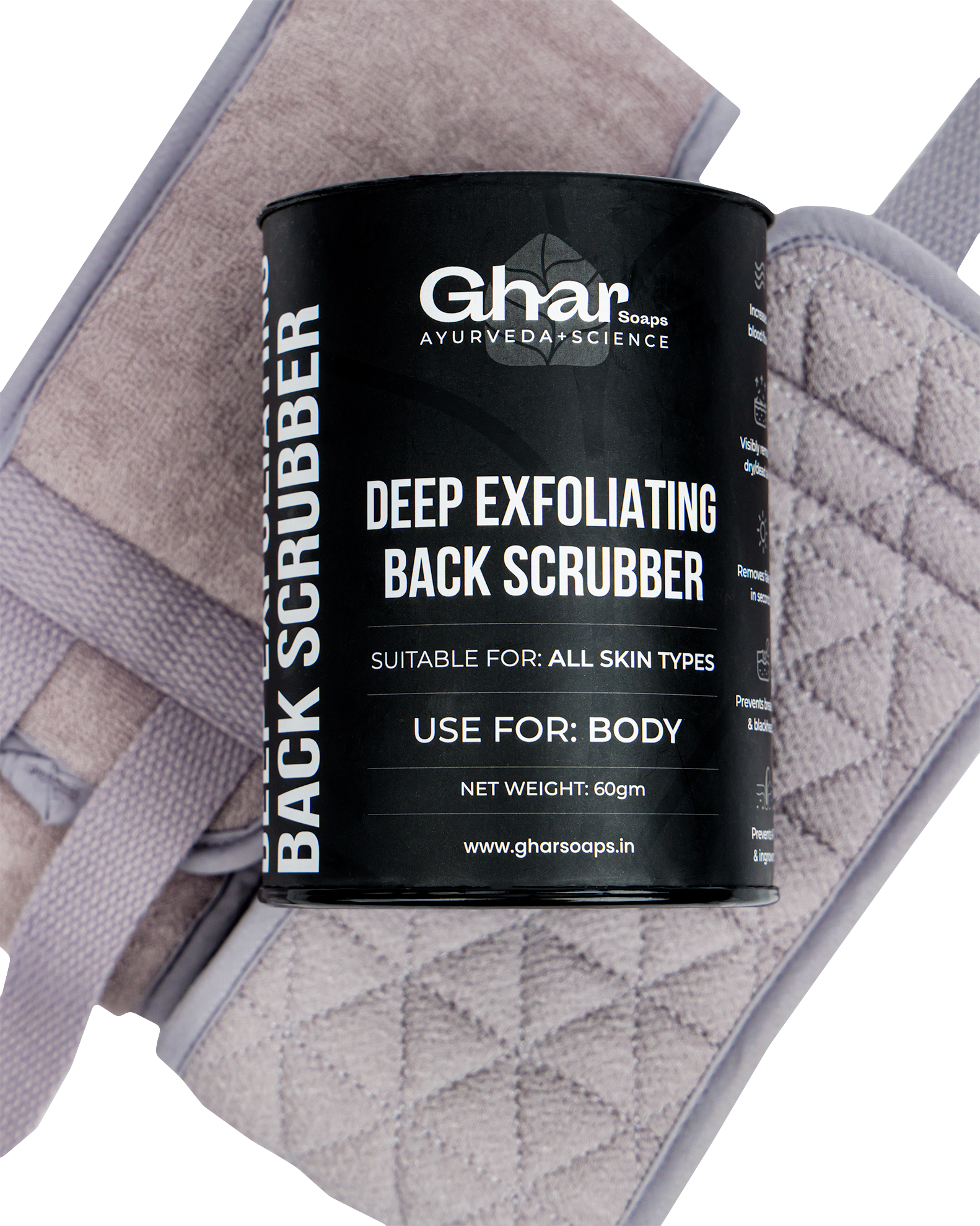 Ghar Soaps Deep Exfoliating Back Scrubber with textured strap, suitable for all skin types, 60g.