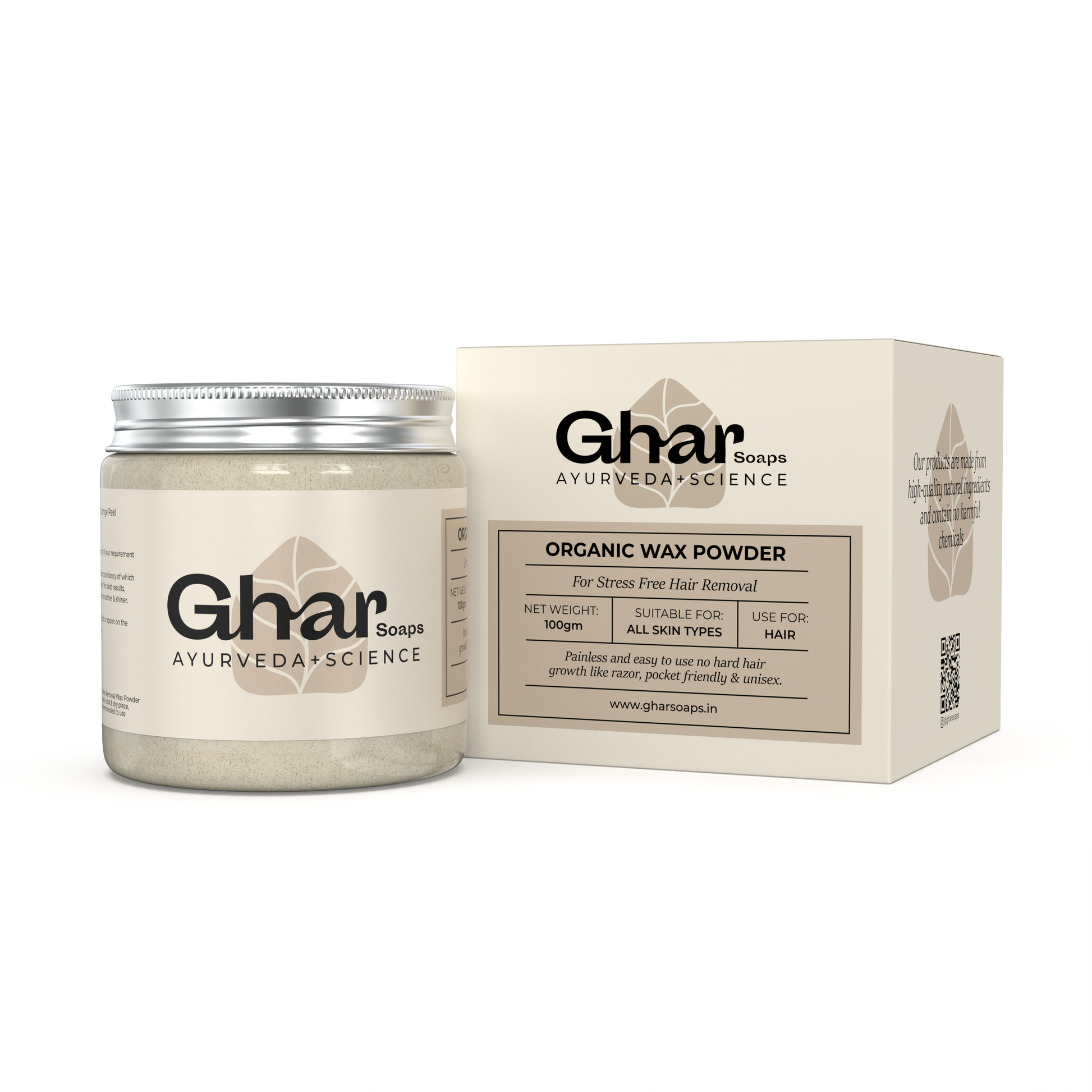 Ghar Soaps Organic Wax Powder for hair removal, 100g jar with box, suitable for all skin types.