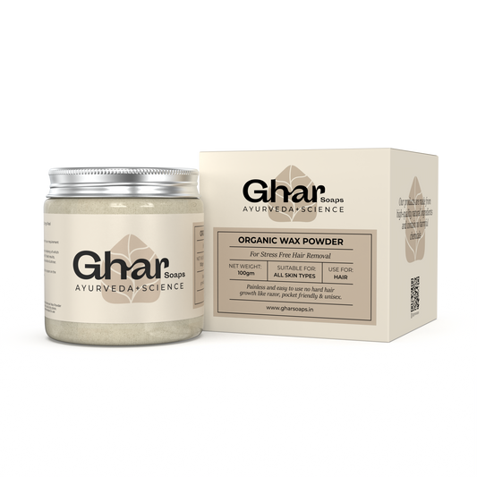 Ghar Soaps Organic Wax Powder for hair removal, 100g jar with box, suitable for all skin types.